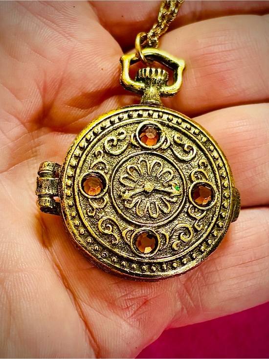 Mary Chess Jewelry - Mary Chess Locket for Watkins Solid Perfume Brown Rhinestones Pocket Watch Motif